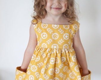 Sally Dress Sewing Pattern Vintage Modern Large Pockets Square Neckline No Closures Size 2T-8