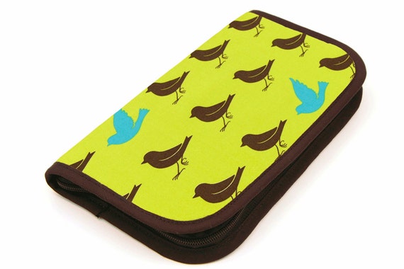Travel Zip Around Knitting Needle Case - Sparrow on Leaf Green - brown pockets
