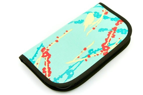 Travel Zip Around Knitting Needle Case - Sparrows on Turquoise - brown pockets