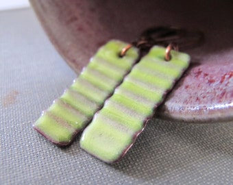 Lime Green Earrings, Enameled Earrings, Copper Earrings, Pale Lime Green, Geometric Earrings, Enameled Jewelry, Wavy Yellow Green