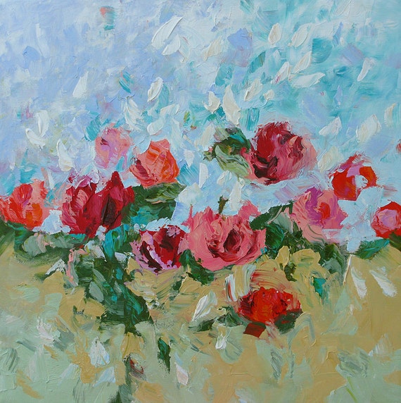 Floral Landscape Original Painting Abstract or Impressionist Art Red Pink Roses Acrylic Painting by Linda Monfort