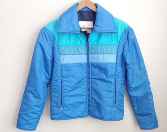 80s vintage mens ski coat / blue and teal / stripes / Swing West ...