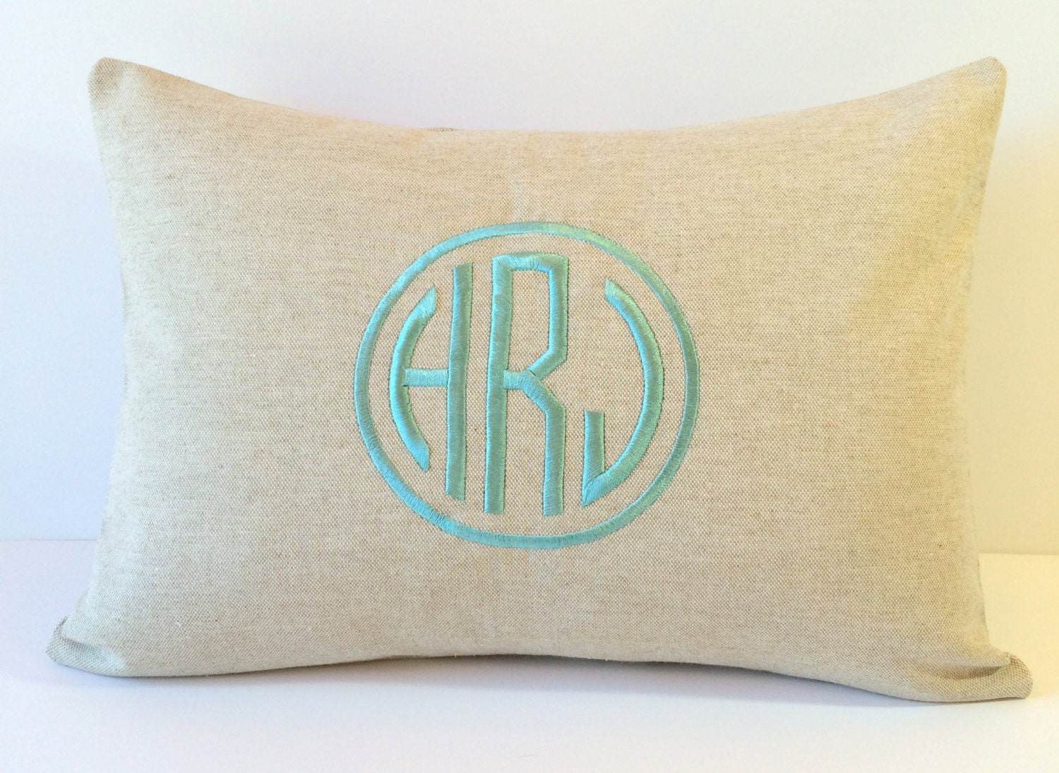 NATURAL LINEN Circle Monogram Pillow Cover. Decorative Pillow