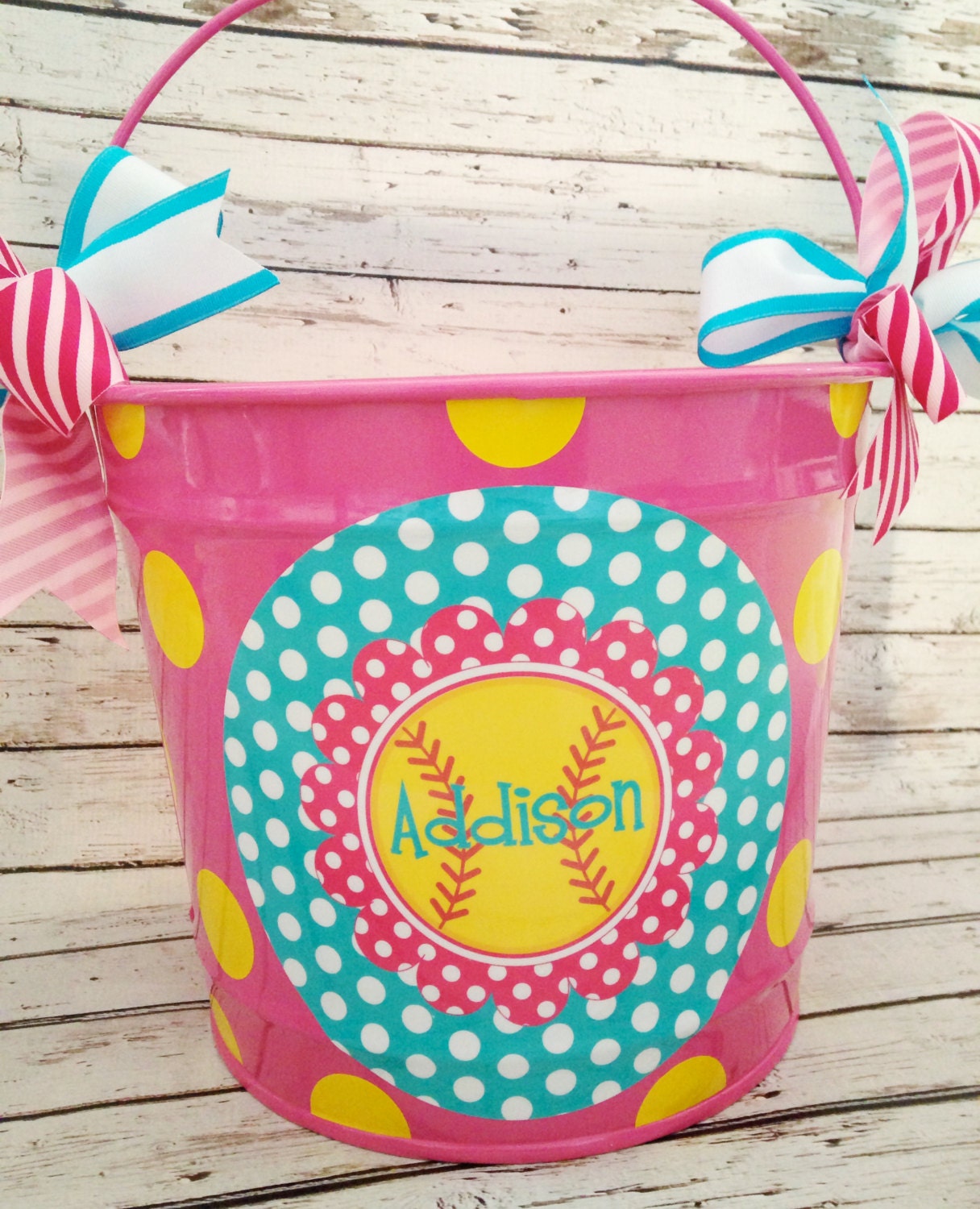 personalized 10 QUART softball bucket in pink teal and yellow