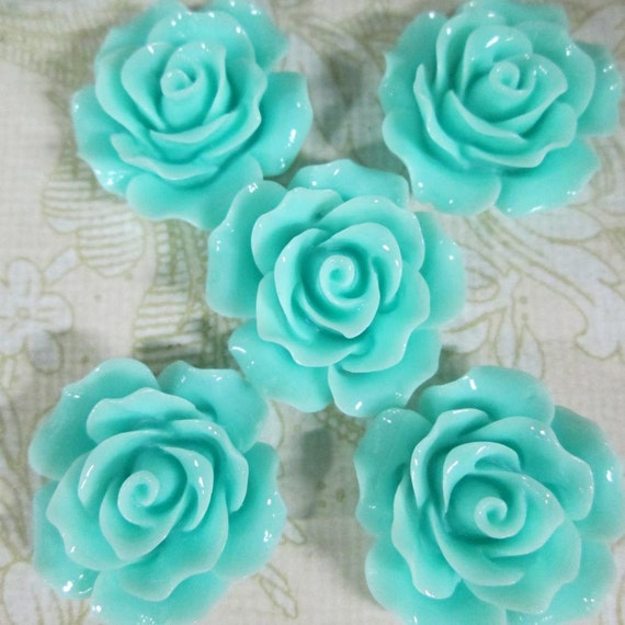 10 aqua blue 20mm rose resin cabochons beautiful by bunnysundries