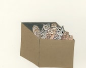 A small box of small owls.  Limited edition print of an oiginal collage by Vivienne Strauss.