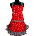 Red Apple Apron , Retro Kitchen Decor with Black and White Gingham Ruffle