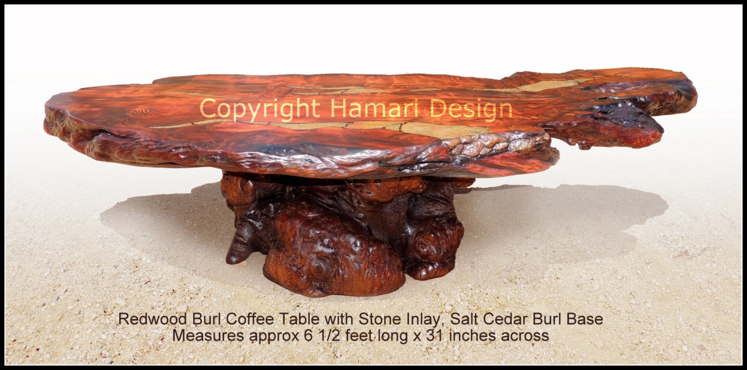 Redwood Burl Slab Coffee Table Stone Inlay exotic wood live