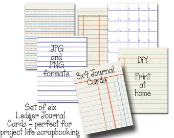 6 Digital Ledger Journal Cards - Perfect for Project Life Inserts - 3x4 inches - DIY Printable - INSTANT DOWNLOAD