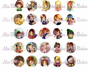 Vintage Big Eyed Kids Collage Sheet-  sized 1inch Circles -  DIY you print jewelry pendant supplies - INSTANT DOWNLOAD