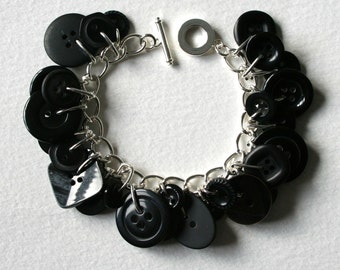 Button Charm Bracelet All Black Vintage and New Buttons
