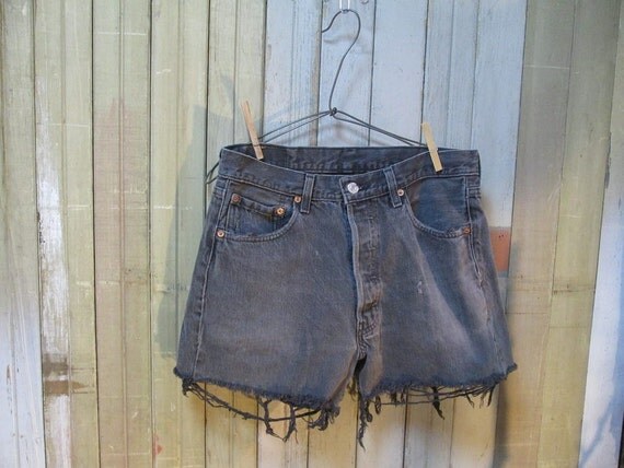 Vintage Black denim 501 Levis  Cutoffs Cut Off Shorts worn faded Made in USA  jeans 32