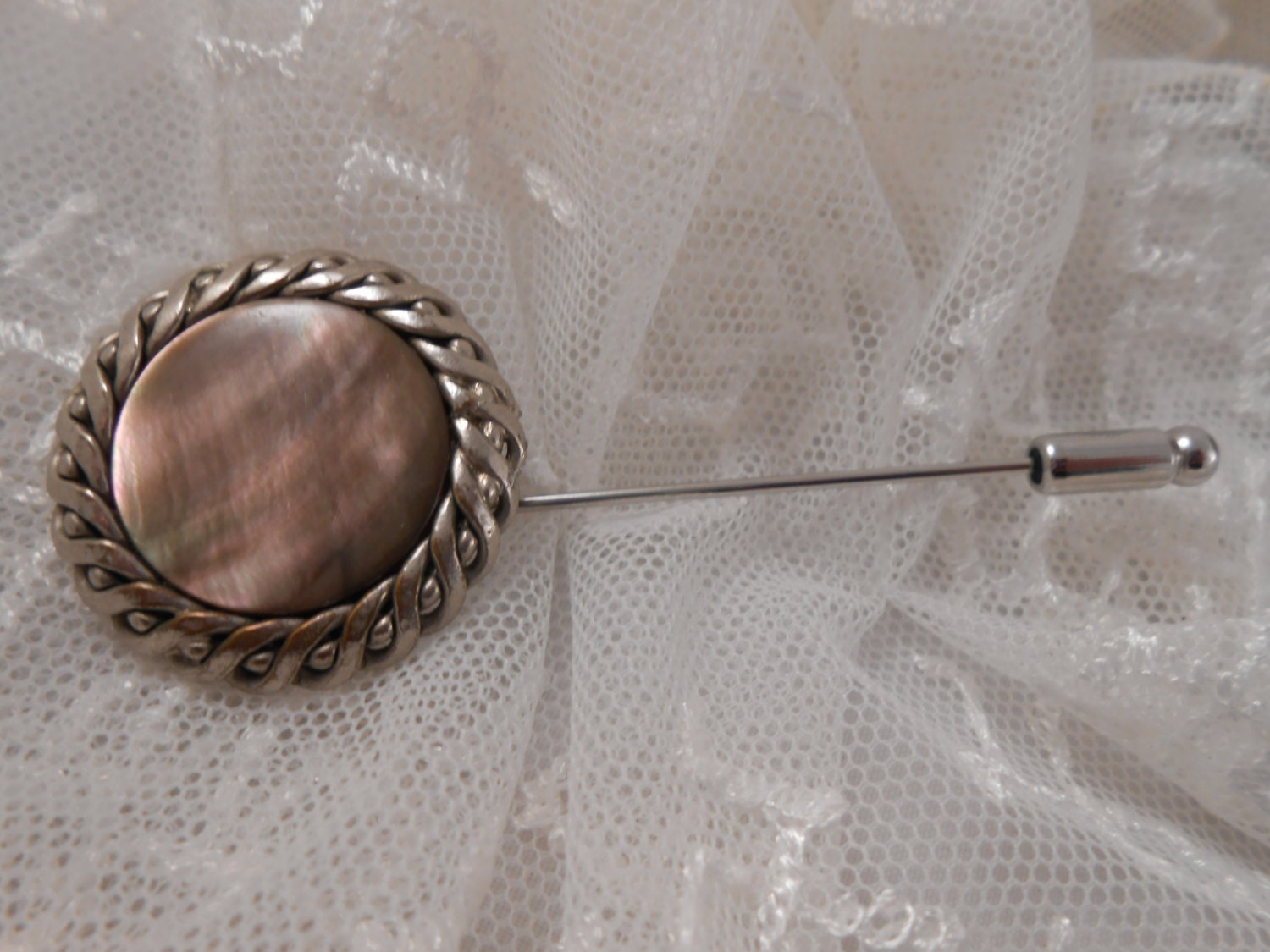 Lapel Pin Vintage Mother of Pearl Button Handmade in France