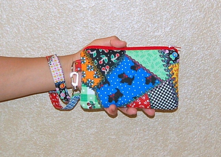 Crazy Quilt Wristlet Purse with Removable Strap and Interior