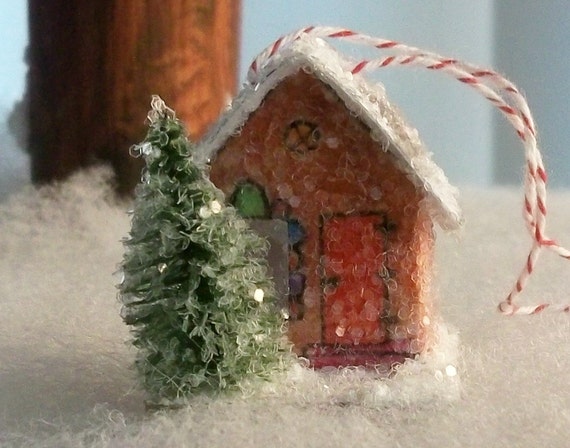 Lighted Vintage Putz Style Tiny Miniature Gingerbread Glitter Sugar House Shabby Christmas Village Tree Ornament