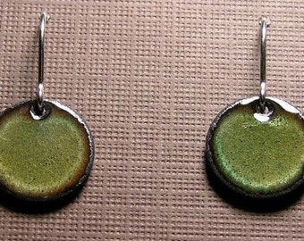 Enamel Earrings, Green Copper Enamel Jewelry, Sterling Silver French Hook Earwires, Olive Green, Handmade Earrings