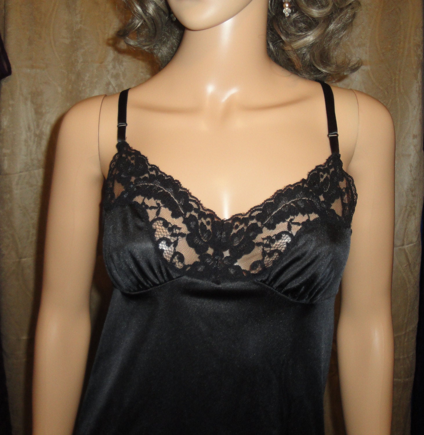 Vintage Slip Vassarette Black Nylon Black Lace Bodice