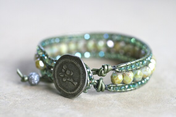 Sage Green Crystal Leather Wrap Cuff Handmade Bracelet