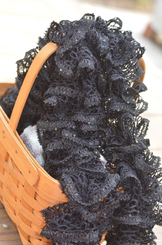 Black Scarf with Sequins Sashay Hand Knit Ruffle Scarf