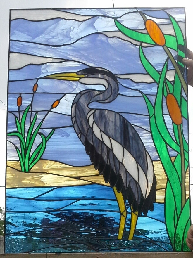 Stained glass Window Blue Heron W57