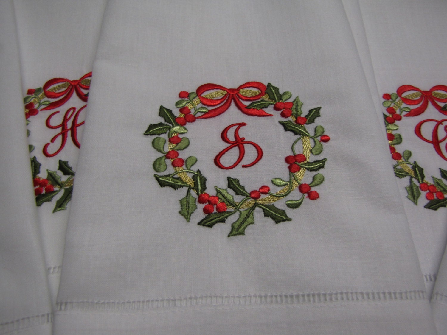 Monogrammed Christmas Wreath Linen Guest or Tea Towel