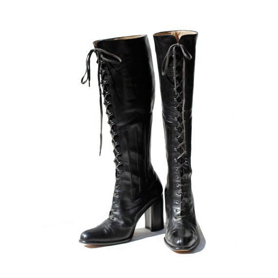 size: 8 Italian Black Leather Lace up Tall Boots