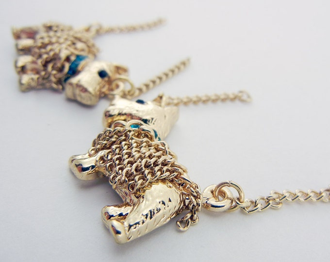 Pair of Scottie Dog Charms with Chain and Blue Rhinestone Collar Double Link