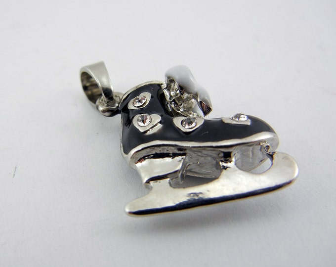 Ice Skate Pendant Silver-tone Black Epoxy Dimensional