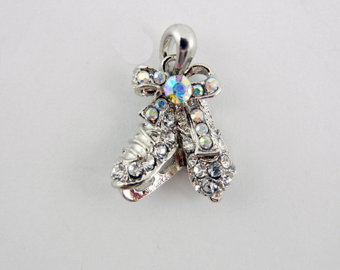 Clear and Aurora Borealis Rhinestone Ice Skates Pendant Silver-tone