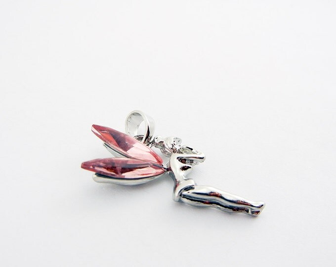 Pink Rhinestone Winged Fairy Pendant Silver-tone