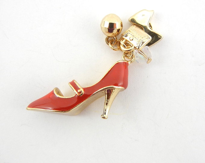 Red Epoxy Gold-tone High Heel with Beads and Tiny Purse and Bow Charms