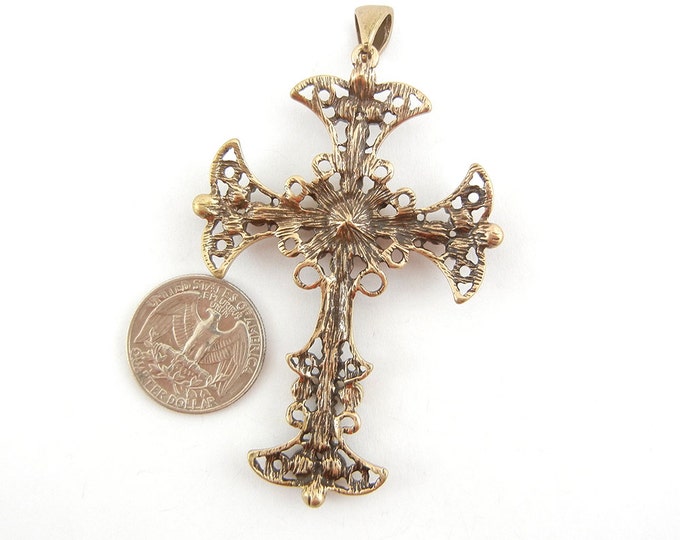 Large Antique Gold-tone Filigree Cross Pendant Topaz Rhinestones