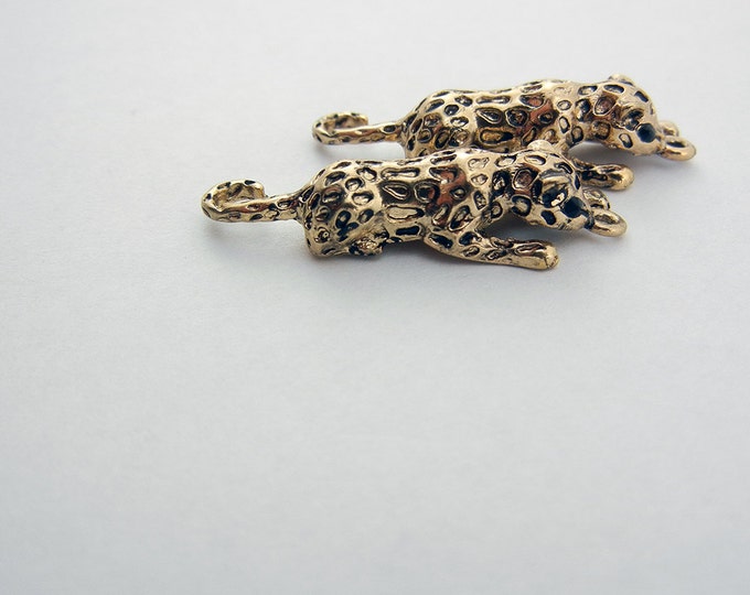 Pair of Antique Gold-tone Jaguar with Black Rhinestone Eyes Charms