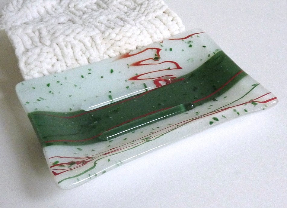 Green and White Fused Glass Soap Dish in Festive by bprdesigns