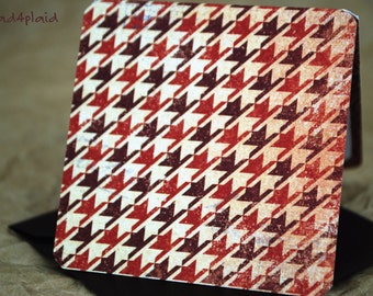 Blank Mini Card Set of 10, Fall Houndstooth Desigh with Contrasting Leaf Pattern on the Inside, Metallic Bronze Envelopes, mad4plaid