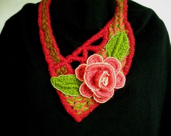 FREE SHIP Tea Rose Garden beaded bib trellis necklace with beaded crocheted tea rose flower, leaves BearlyArtDesigns