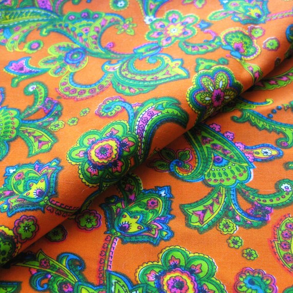 Vintage Floral and Paisley Fabric Bright Orange by SelvedgeShop