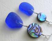 Natural Abalone Shell Earrings, Cobalt Blue Sea Glass Jewelry, Asymmetric Earrings