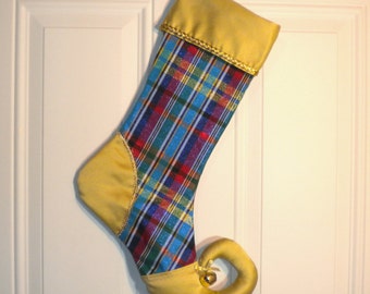 Christmas Stocking in Iridescent Plaid Taffeta with Curly Elf Toe
