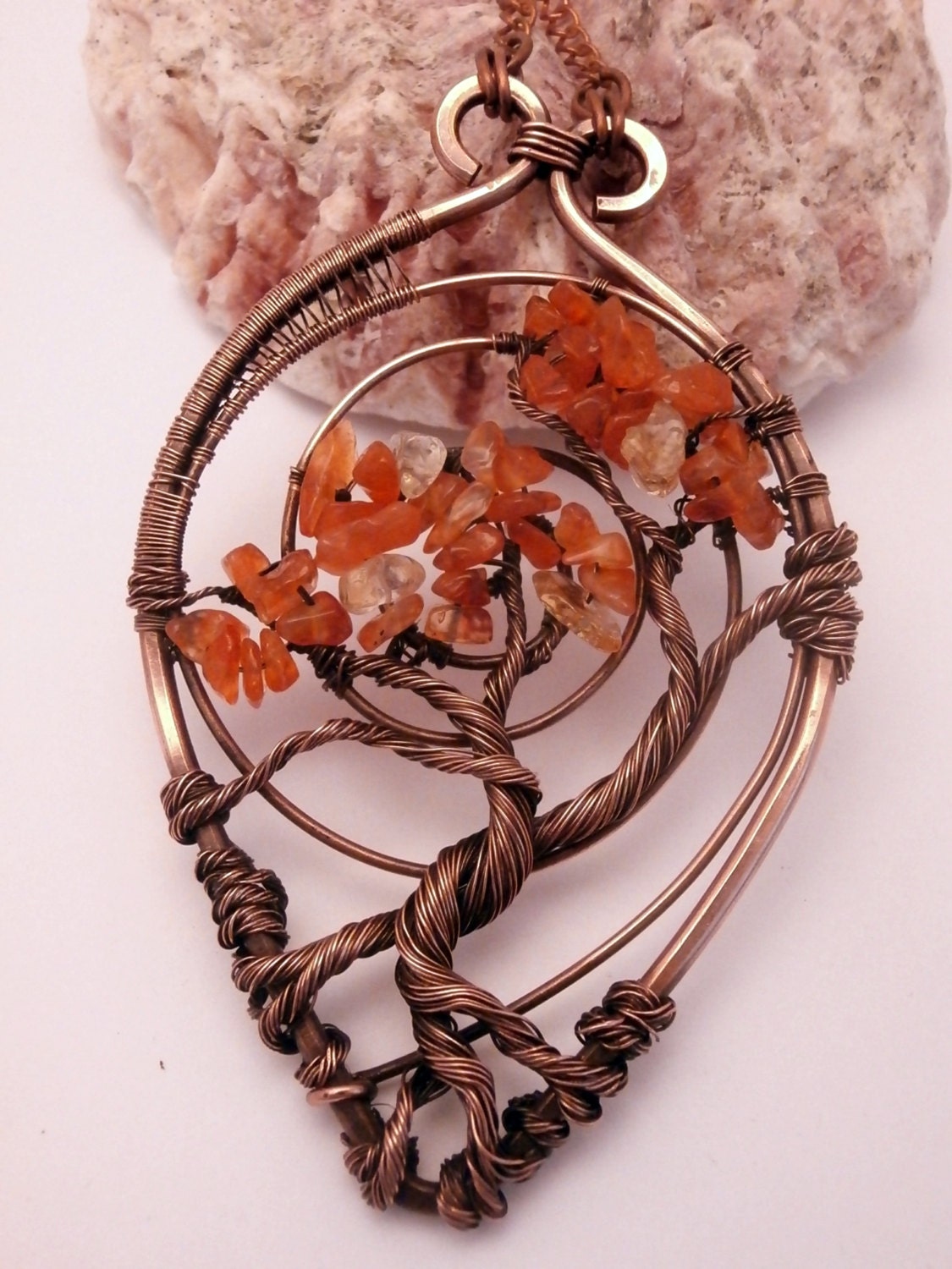 Wire Wrapped Tree of Life Pendant Necklace Carnelian Bonsai