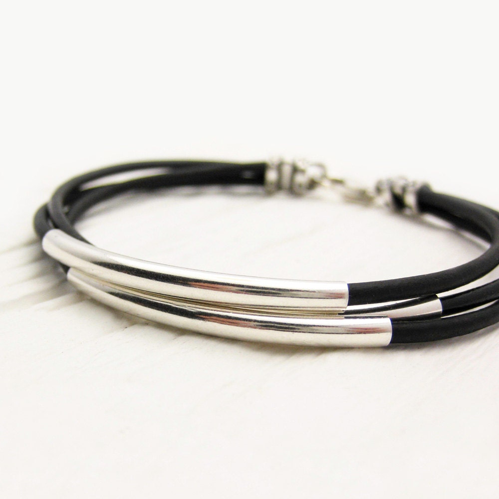 Unisex Black Leather Sterling Silver Bracelet / Eco Friendly