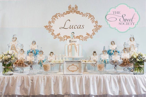 BOY DAMASK BAPTISM Printable Party 72x39 Backdrop - Blue and Brown - You Print Il_570xn