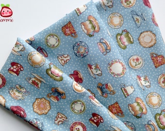 Blue, Cotton, Fabric, vintage style, alice, colorful, cup, tea, FAT QUARTER, half yard, yard, girl, children, bed, japan, kid, cute, iammie
