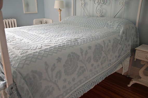 queen king chenille bedspread baby blue hobnail shabby chic