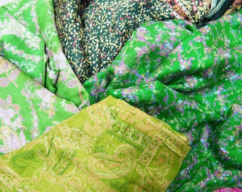 Second Hand Silk Sari Fat Quarters- 38- Forest Greens