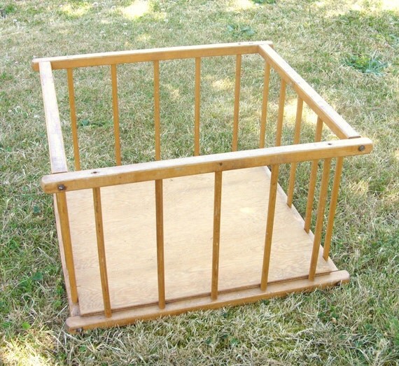 SALE Vintage Wood Box with Spindles Doll Bed Crib Playpen