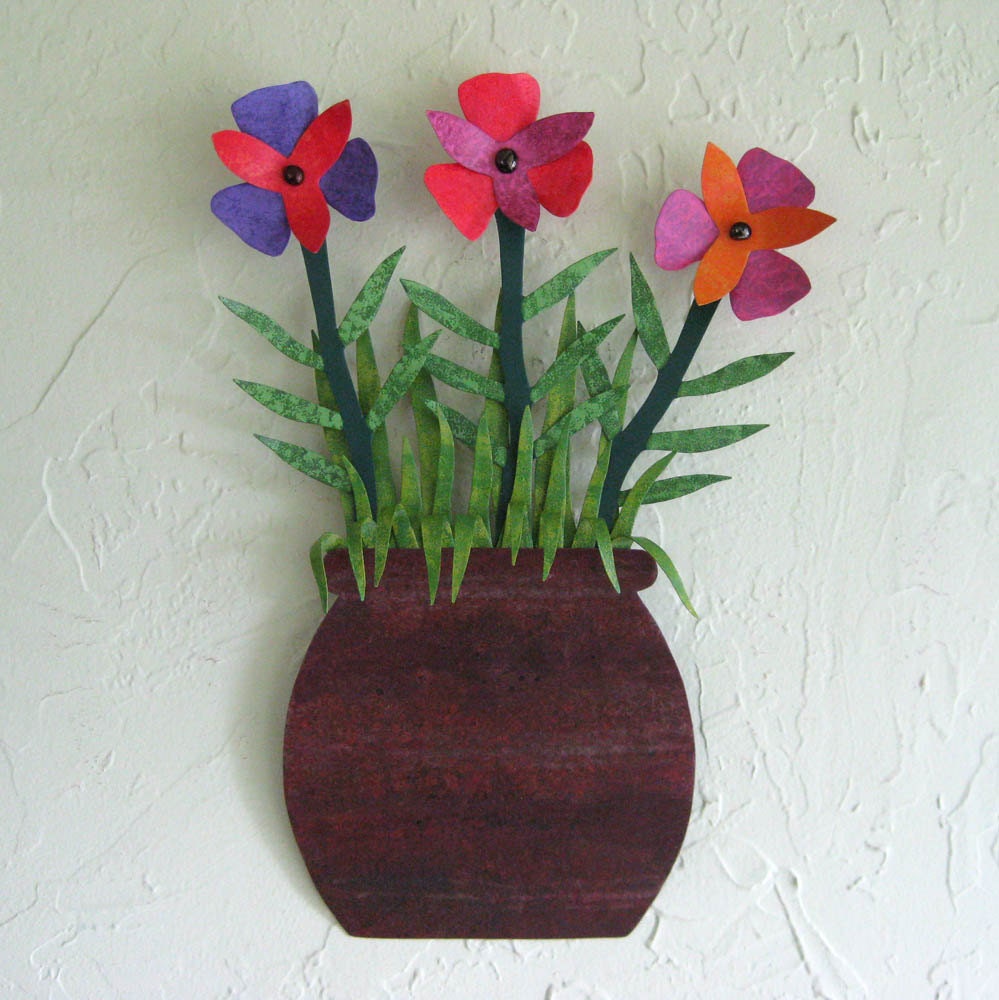 Metal Wall Art Flower Pot Sculpture Recycled Metal Floral Wall