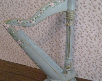 Harp, shabby chic duck egg blue,. a dollhouse miniature in twelfth scale