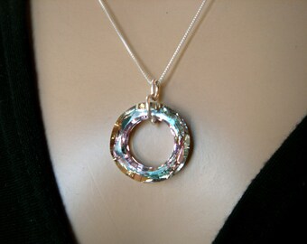 Swarovski crystal necklace-Cosmic ring Vitrail pink-green on Silver chain-Circle of life-pendant