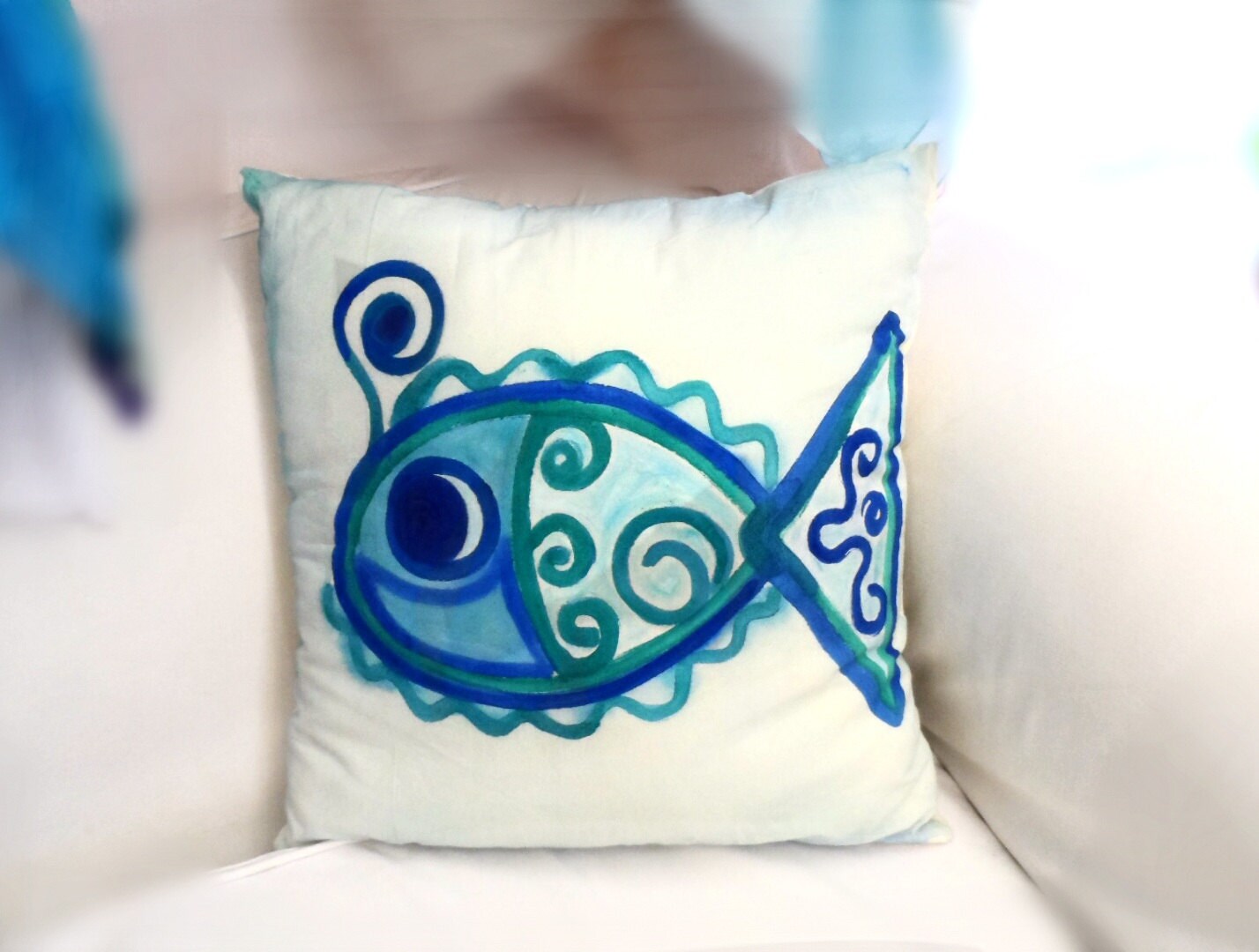 Hand Painted Cushion Blue Fish Design